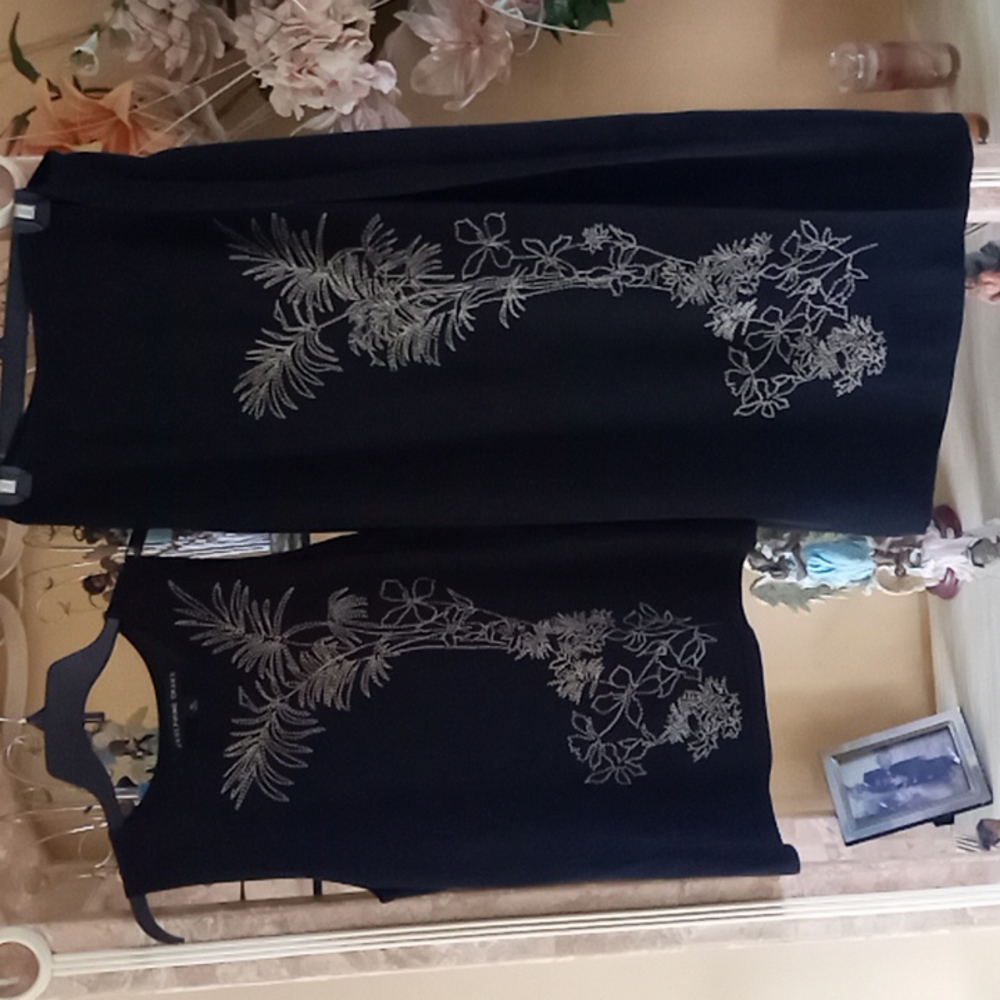 Josephine Chaus Sweater and Skirt  (two pieces)  Black w/Cream Embroidery